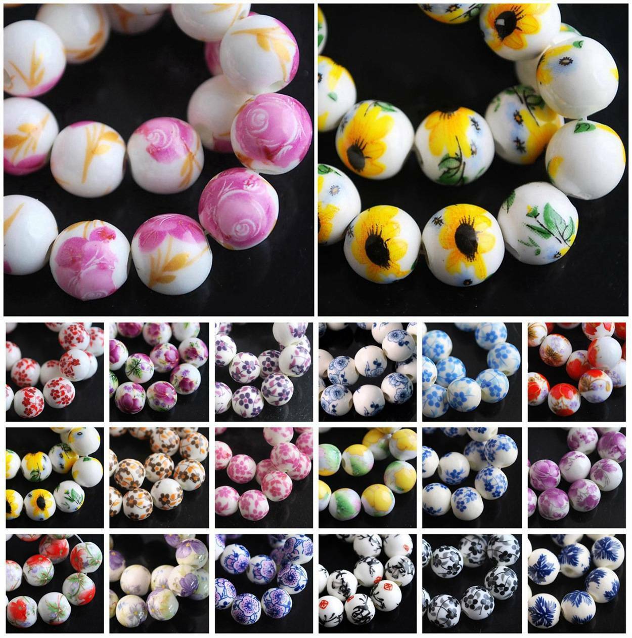 10pcs 10mm 12mm Round Flower Pattern Ceramic Porcelain Loose Crafts Beads Lot